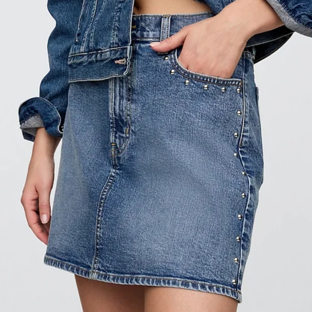 GAP Denim High Rise Studded Denim Mini Skirt Medium Wash Blue 16
